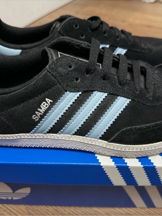 adidas Samba • Black Suede Sneakers with Light Blue Three Stripes - Picture 2 of 3